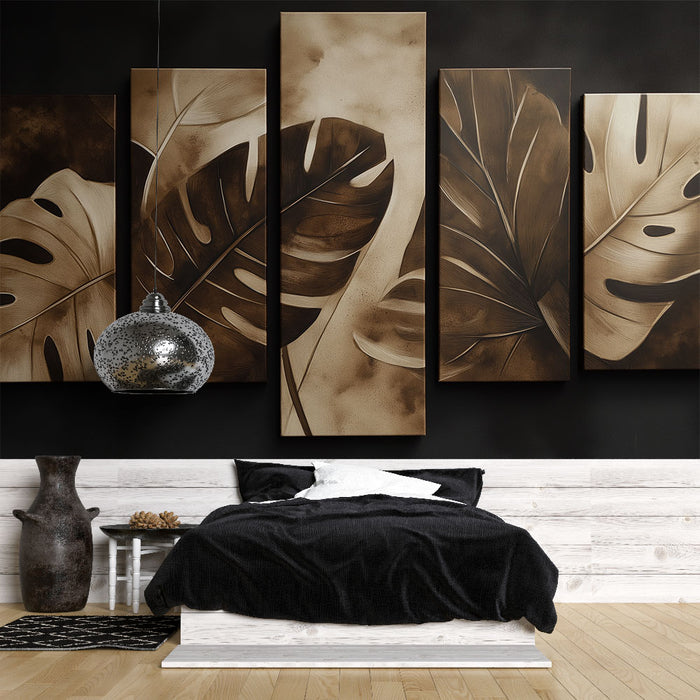 Une chambre moderne avec un papier peint représentant de grandes feuilles tropicales dans des teintes brunes et beiges, créant une ambiance chaleureuse et naturelle.