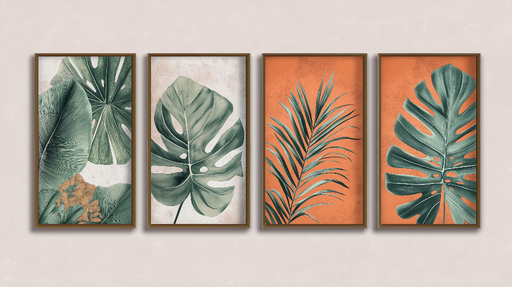 Papier peint feuilles tropicales Quatre cadres élégants mettant en valeur des feuillages luxuriants et colorés