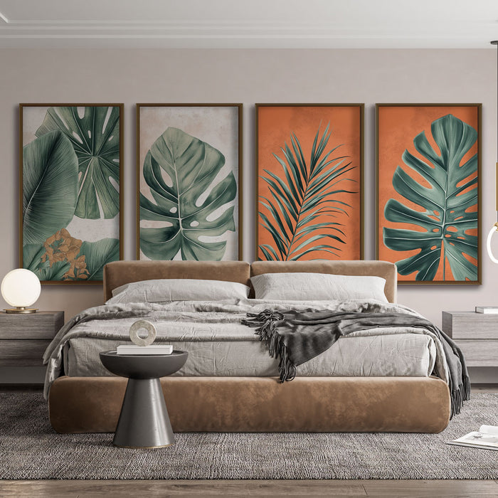 Une chambre moderne avec un papier peint aux motifs de grandes feuilles tropicales vertes, créant une atmosphère chaleureuse et apaisante.