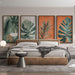 Une chambre moderne avec un papier peint aux motifs de grandes feuilles tropicales vertes, créant une atmosphère chaleureuse et apaisante.