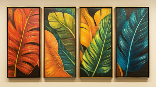 Papier peint feuilles tropicales Quatre grandes feuilles aux couleurs vives sur fond sombre