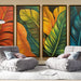 Un salon contemporain avec un papier peint représentant de grandes feuilles tropicales aux couleurs vives, créant une ambiance chaleureuse et vivante.