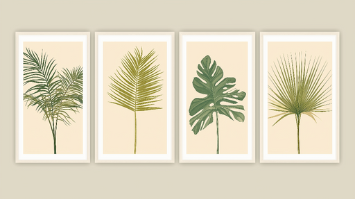 Papier peint feuilles tropicales Quattro motifs de feuillage sur fond beige