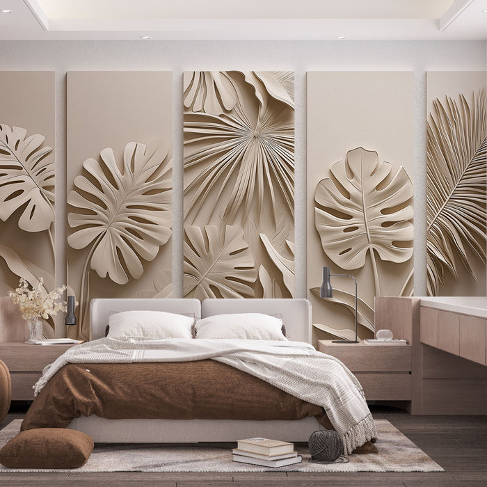 Une chambre moderne avec un papier peint texturé beige représentant des feuilles tropicales en relief, créant une atmosphère chaleureuse et apaisante.
