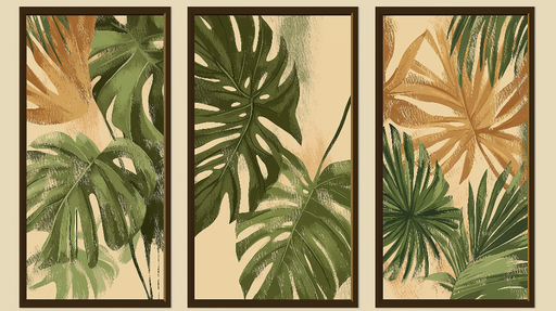 Papier peint feuilles tropicales Trio de feuillages vibrants dans des tons verts et ocres