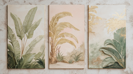 Papier peint feuilles tropicales Trio de tableaux aux feuillages luxuriants et accents dorés