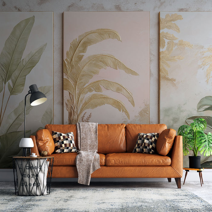 Un salon moderne avec un papier peint aux motifs de feuilles tropicales dans des teintes douces, créant une ambiance apaisante et naturelle.