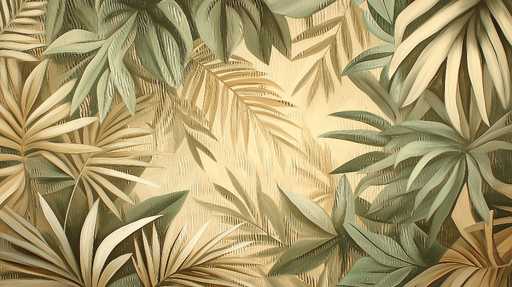 Papier peint feuilles tropicales Un ensemble luxuriant de palmiers aux teintes douces