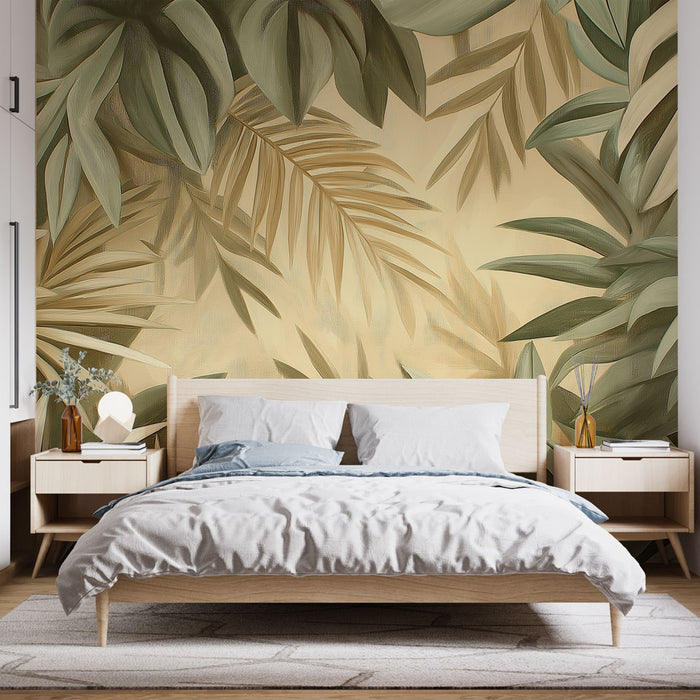 Papier peint feuilles tropicales | Un ensemble luxuriant de palmiers aux teintes douces