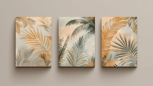 Papier peint feuilles tropicales Un jeu harmonieux de feuilles dorées et vertes sur fond pastel