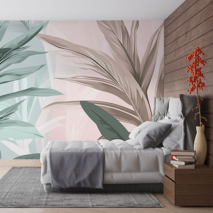 Une chambre moderne avec un papier peint tropical aux teintes douces de rose et vert, représentant de grandes feuilles stylisées qui apportent une ambiance apaisante et naturelle.