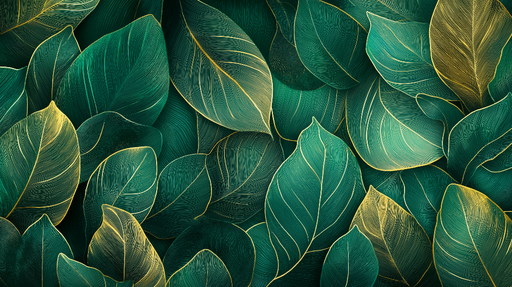 Papier peint feuilles Vert émeraude et or