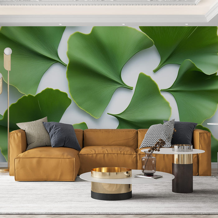 Papier peint feuilles vertes | Motif de ginkgo dans des tons de vert luxuriant