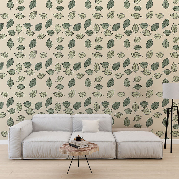 Un salon moderne avec un papier peint représentant des feuilles vertes sur fond beige, créant une atmosphère naturelle et apaisante.