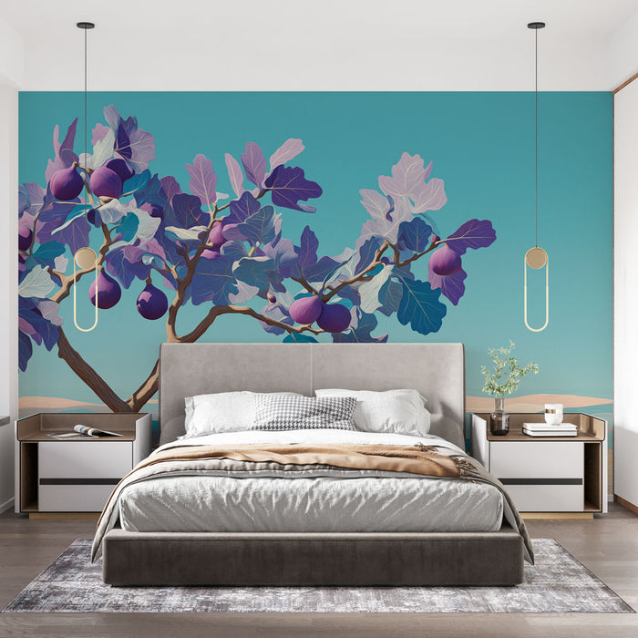 Une chambre moderne avec un papier peint représentant des branches de figuier aux couleurs vives sur fond turquoise, créant une ambiance fraîche et artistique.