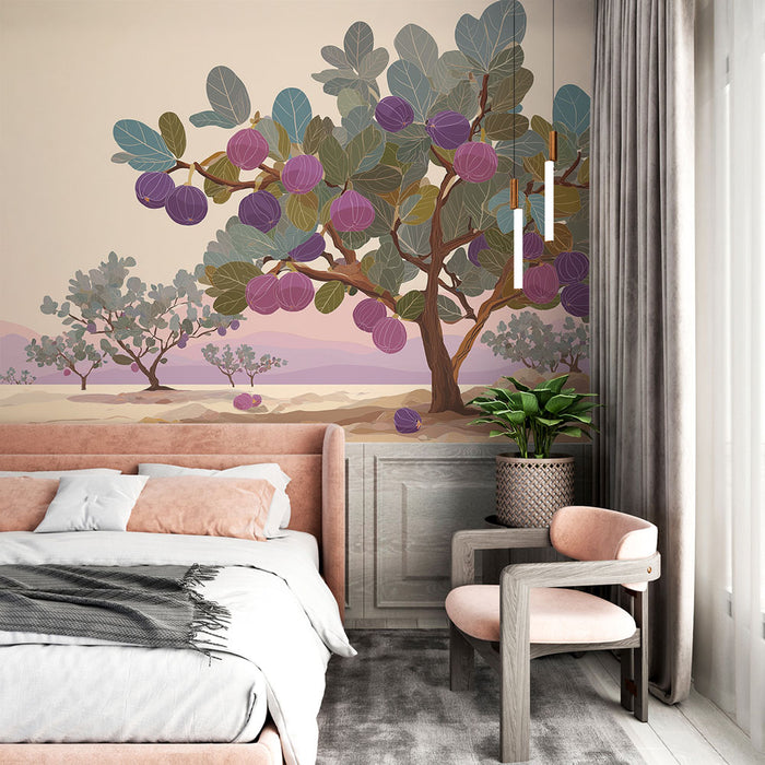 Une chambre moderne avec un papier peint illustrant un arbre fruitier aux teintes violettes et vertes, créant une atmosphère douce et apaisante.