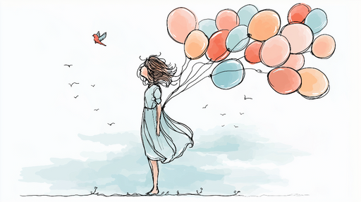 Papier peint fille aux ballons Illustration d'une jeune fille rêveuse avec des ballons colorés
