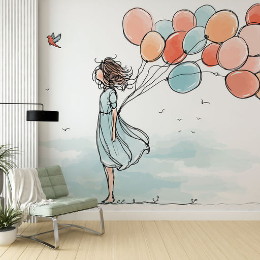 Une chambre lumineuse avec un papier peint illustratif représentant une jeune fille en robe légère tenant des ballons colorés, créant une atmosphère rêveuse et joyeuse.