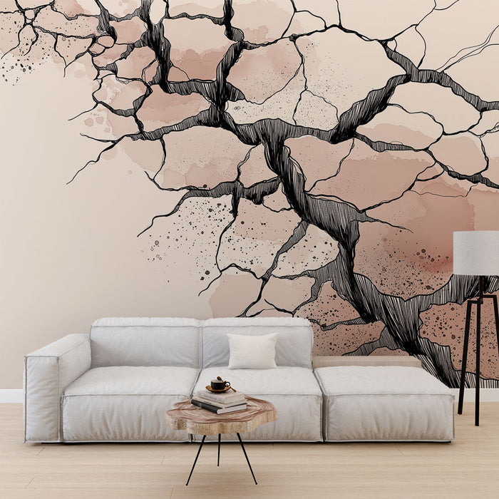 Un salon contemporain avec un papier peint artistique représentant des fissures stylisées en noir et rose, créant une ambiance audacieuse et moderne.