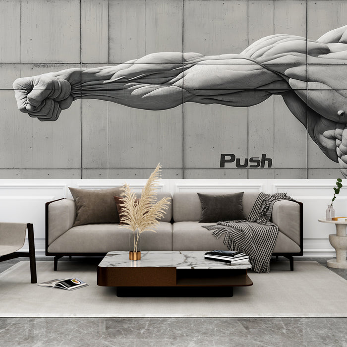 Une salle de séjour moderne avec un papier peint en noir et blanc représentant un bras musclé en mouvement, créant une ambiance dynamique et inspirante.
