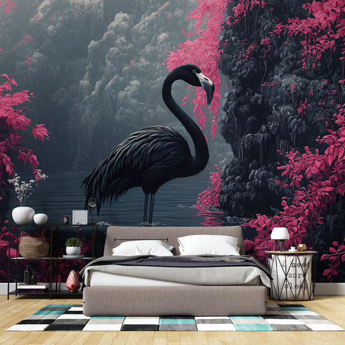 Une chambre moderne avec un papier peint représentant un flamant noir majestueux entouré de feuillages roses sur fond sombre, créant une ambiance artistique et intrigante.