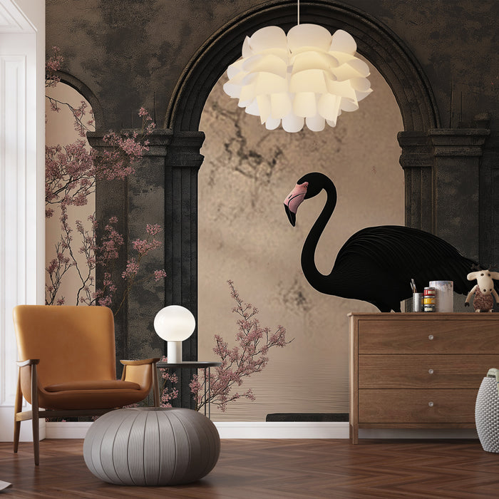 Une chambre élégante avec un papier peint représentant un flamant noir majestueux et des branches fleuries sur un fond beige, créant une ambiance artistique et apaisante.
