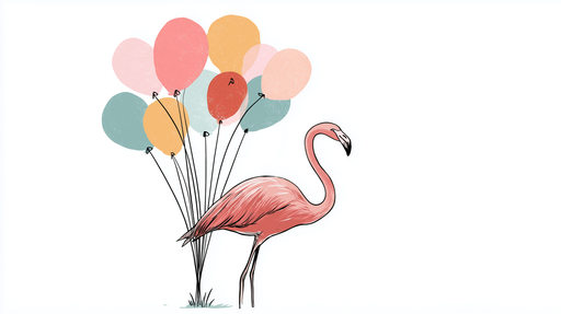 Papier peint flamant rose et ballons Un flamant rose stylisé entouré de ballons colorés