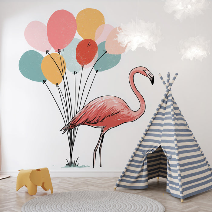 Une chambre d'enfant avec un papier peint illustrant un flamant rose entouré de ballons colorés, créant une ambiance joyeuse et ludique.
