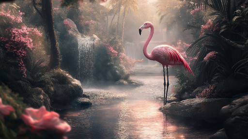 Papier peint flamant rose Évasion tropicale au bord d'une cascade paisible