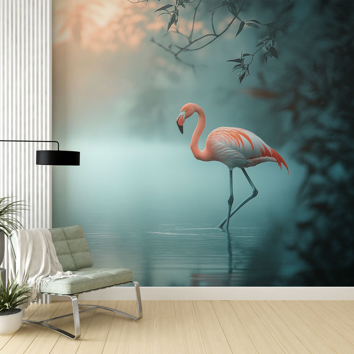 Une pièce moderne avec un papier peint représentant un flamant rose sur fond aquatique brumeux, créant une atmosphère apaisante et tropicale.
