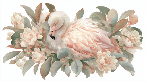 Papier peint flamant rose Flamant entouré de fleurs délicates aux tons doux