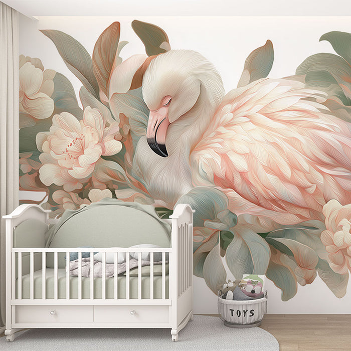 Une chambre d'enfant avec un papier peint illustrant un flamant rose délicat entouré de fleurs pastel et de feuillages, créant une ambiance douce et apaisante.