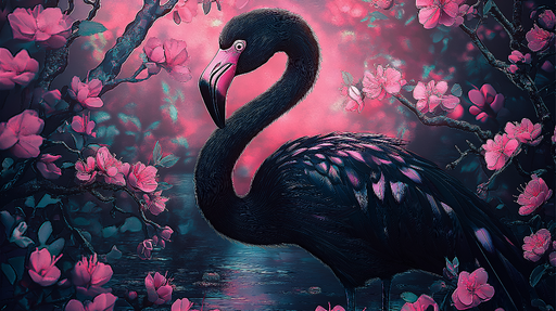 Papier peint flamant rose Flamant majestueux entouré de fleurs roses et d'une ambiance rêveuse