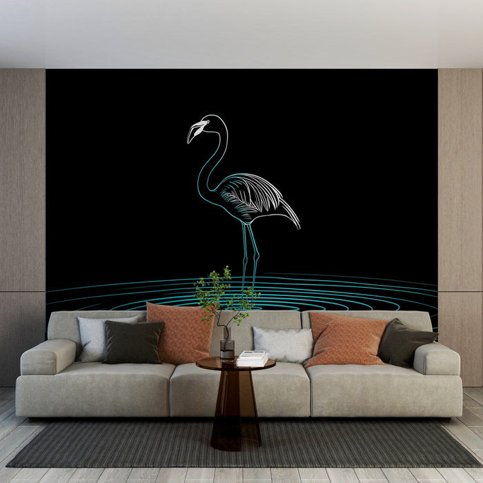 Un salon moderne avec un papier peint noir représentant un flamant rose stylisé en lignes turquoise, créant une ambiance artistique et contemporaine.