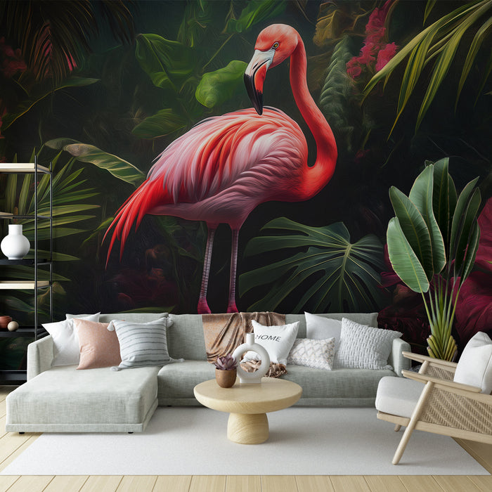 Un salon moderne avec un papier peint tropical représentant un flamant rose majestueux sur fond de feuillage luxuriant, créant une ambiance vivante et exotique.