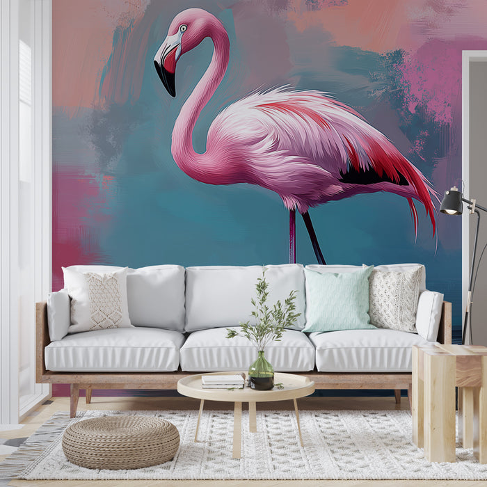 Un salon contemporain avec un papier peint représentant un flamant rose sur fond dégradé bleu et rose, créant une ambiance vivante et artistique.
