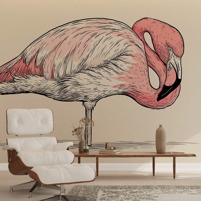 Une pièce moderne avec un papier peint représentant un flamant rose stylisé, ajoutant une touche artistique et tropicale à l'ambiance.