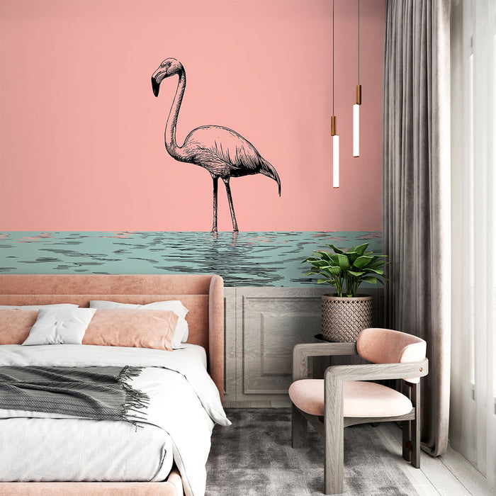 Une chambre moderne avec un papier peint représentant un flamant rose stylisé sur fond rose, créant une ambiance tropicale et apaisante.