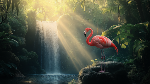 Papier peint flamant rose Scène tropicale avec une cascade et la majesté de la nature