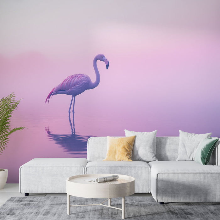 Une pièce moderne avec un papier peint représentant un flamant rose sur fond dégradé de violet et rose, créant une ambiance douce et apaisante.