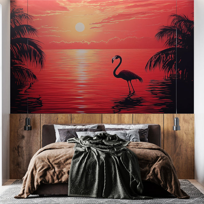 Une chambre moderne avec un papier peint tropical rouge et noir représentant un flamant au bord d'une mer calme au coucher du soleil, créant une atmosphère chaleureuse et apaisante.