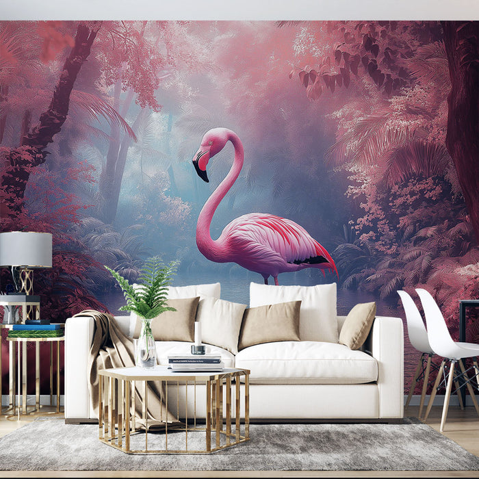 Un salon moderne avec un papier peint tropical représentant un flamant rose majestueux au milieu d'une végétation luxuriante, créant une atmosphère exotique et apaisante.