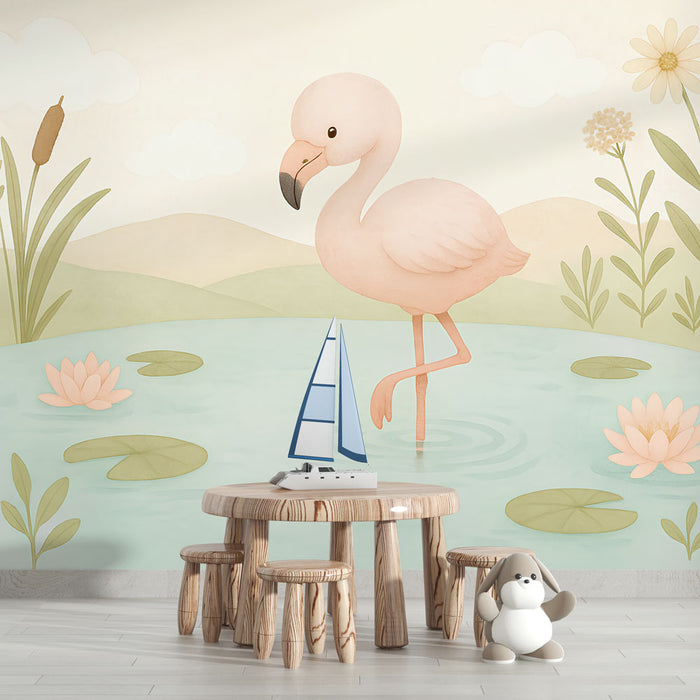 Une chambre d'enfant avec un papier peint illustrant un flamant rose dans un décor aquatique doux, évoquant une ambiance ludique et apaisante.