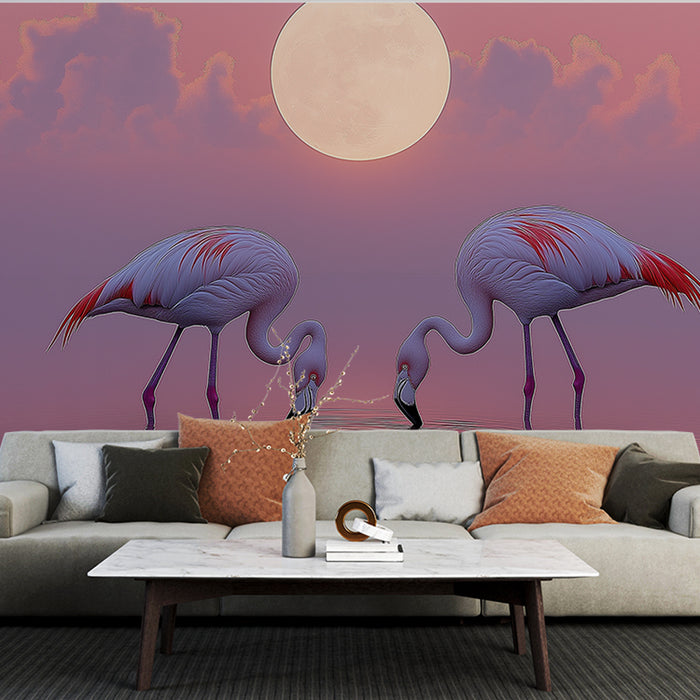 Un salon contemporain avec un papier peint illustrant des flamants roses sur un fond dégradé violet, créant une ambiance artistique et apaisante.