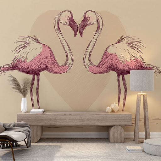 Une pièce moderne avec un papier peint illustrant deux flamants roses stylisés formant un cœur, créant une ambiance romantique et chaleureuse.