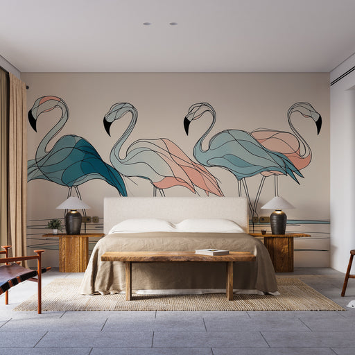 Une chambre moderne avec un papier peint illustrant des flamants roses et bleus stylisés sur fond beige, créant une ambiance artistique et rafraîchissante.