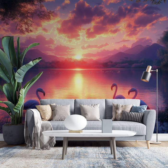 Un salon moderne avec un papier peint représentant un paysage de coucher de soleil aux teintes roses et violettes, créant une atmosphère sereine et envoûtante.