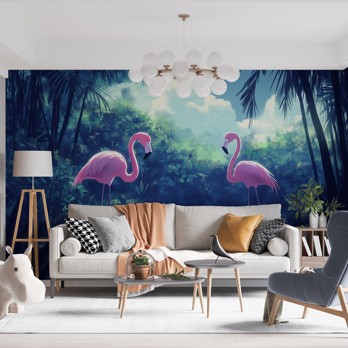 Un salon lumineux avec un papier peint tropical représentant des flamants roses sur fond de végétation dense, créant une ambiance exotique et apaisante.