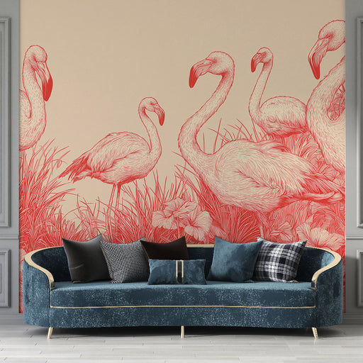 Un salon élégant avec un papier peint représentant des flamants roses stylisés sur un fond beige, créant une ambiance tropicale et artistique.