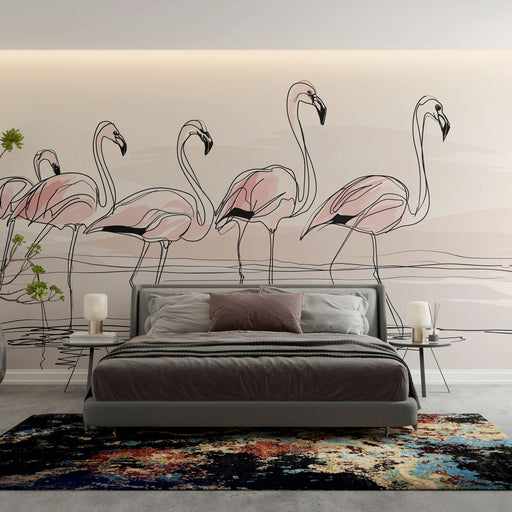 Une chambre moderne avec un papier peint représentant des flamants roses stylisés sur un fond doux, créant une ambiance apaisante et artistique.